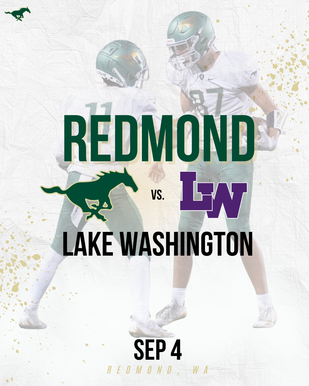 WEEK 1. CROSSTOWN. RIVALRY.
The Mustangs open the 2026 season at home against their crosstown rival, the LW Kangs, on September 4.

We’ve put in the work all offseason. Now it’s time to put it on display on our home turf under the lights.

Pack the stands. Wear your green and gold. Bring the noise.